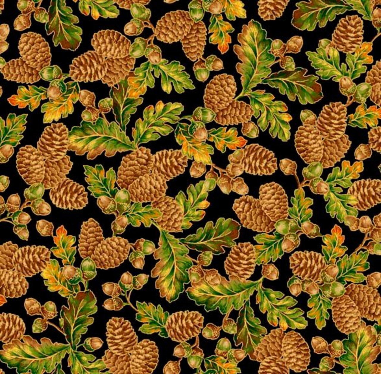 Quilting Treasures Thanksgiving Acorns Pinecones Leaves On Black Quilting Treasures 100% Cotton